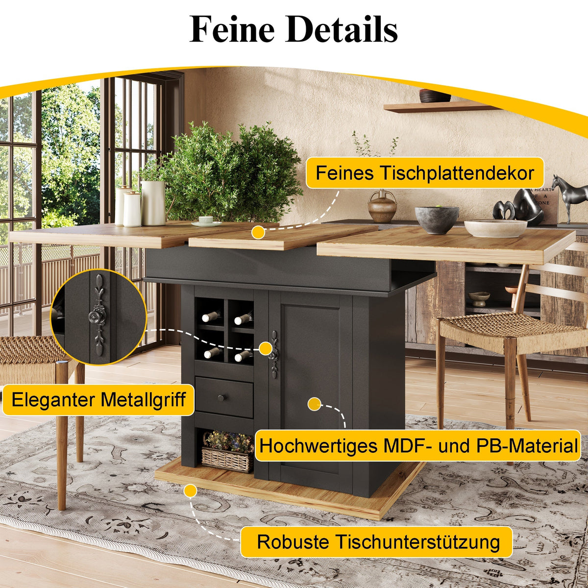 Extendable Telescopic Dining Table with Wine Rack and Drawers, MDF and Metal