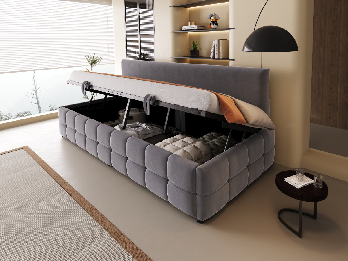Upholstered Sofa Bed 90x200cm, Hydraulic Storage, Backrest, Check Pattern, Dark Grey Velvet