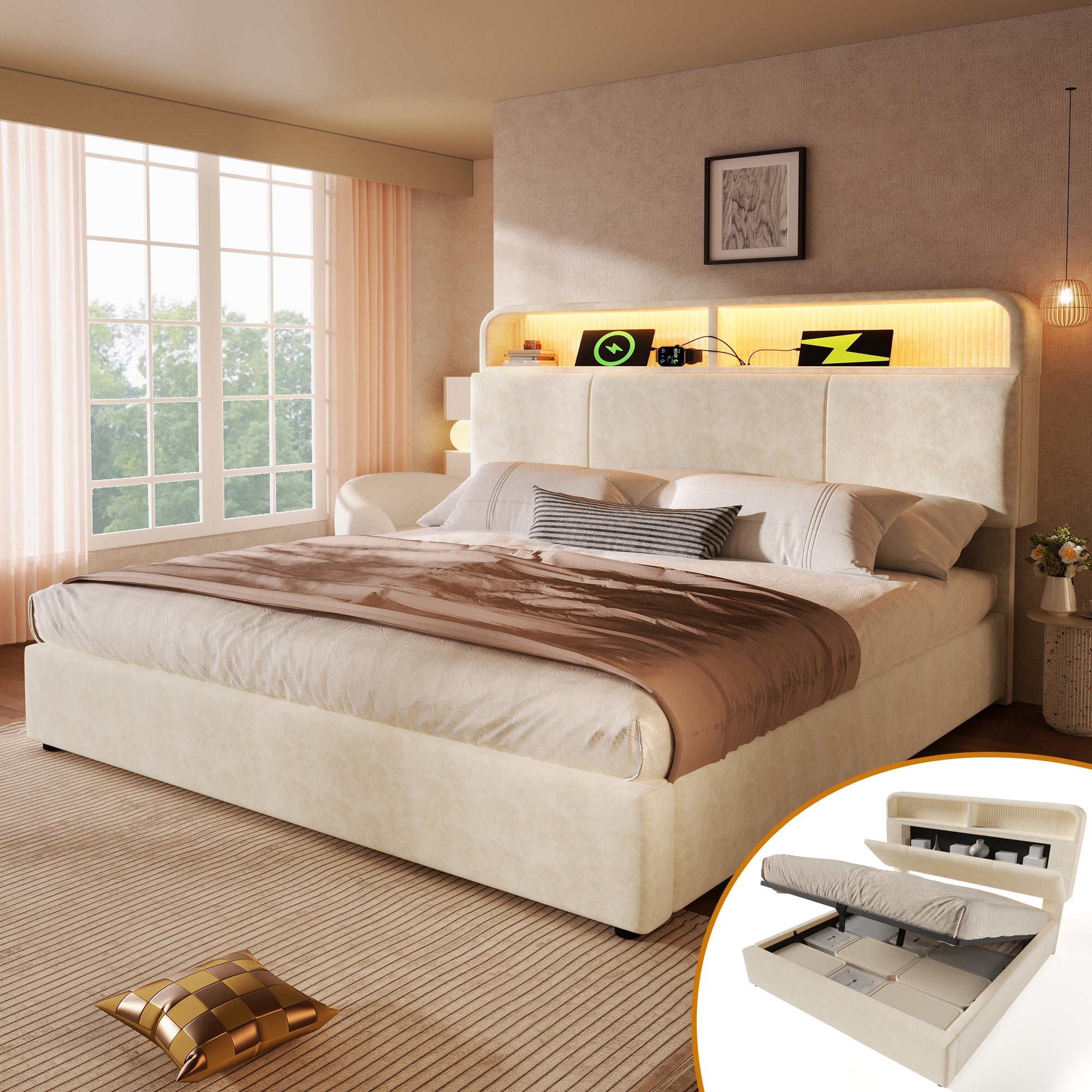 Upholstered Double Bed with Storage Headboard, Hydraulic Lift, LED and USB Charging, 180x200cm, Beige Velvet