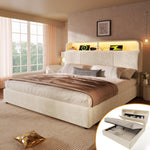 Upholstered Double Bed with Hydraulic Storage, LED and USB Charging, Beige Velvet