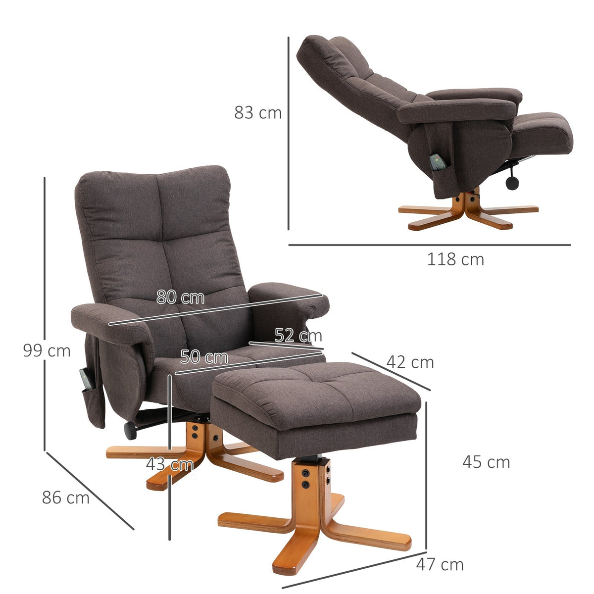 Reclining Massage Chair Footstool Storage 145° Recline, Brown Polyester