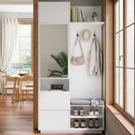 Compact Wardrobe with Mirror, Bench & Shoe Cabinet, White MDF