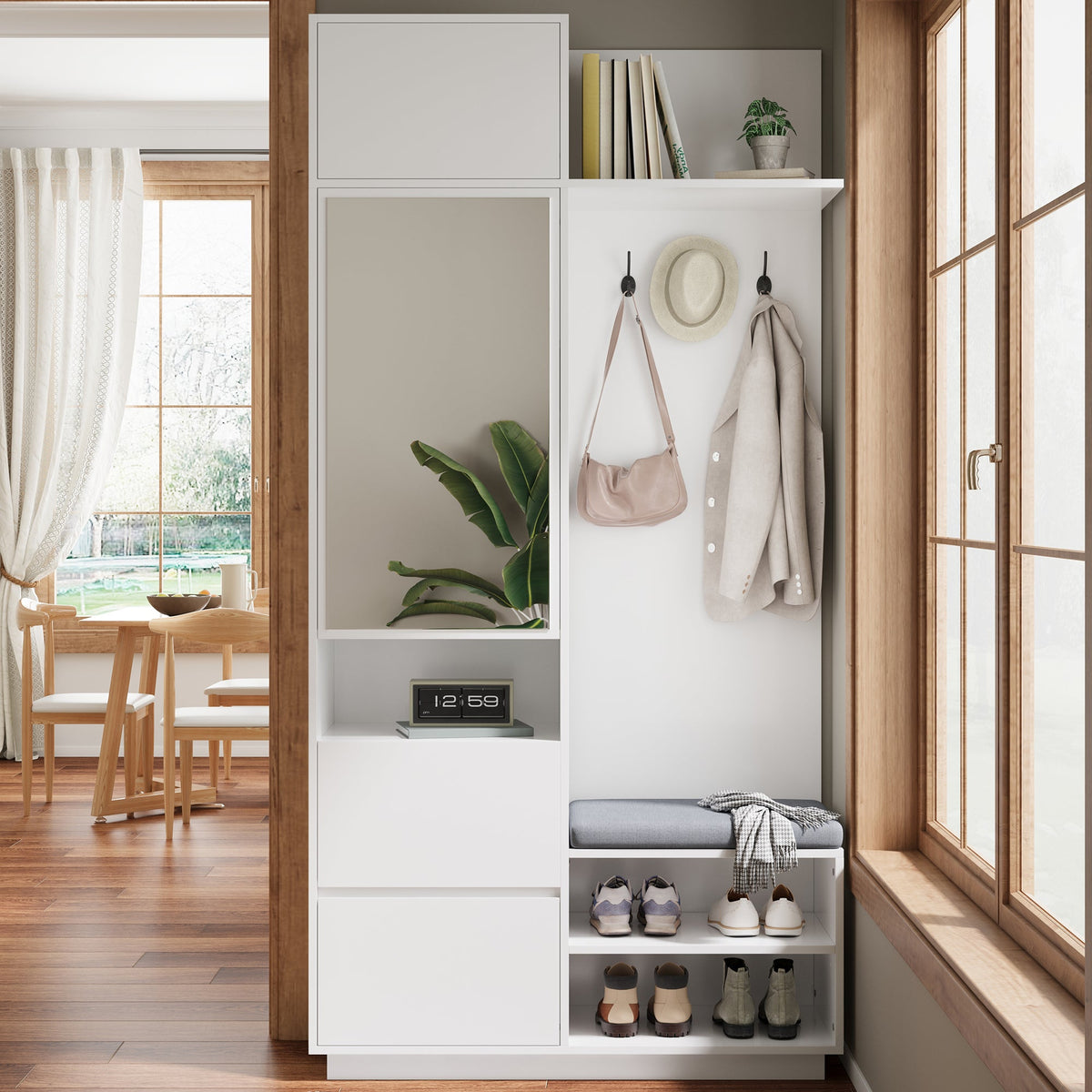 Compact Wardrobe with Mirror, Bench & Shoe Cabinet, White MDF