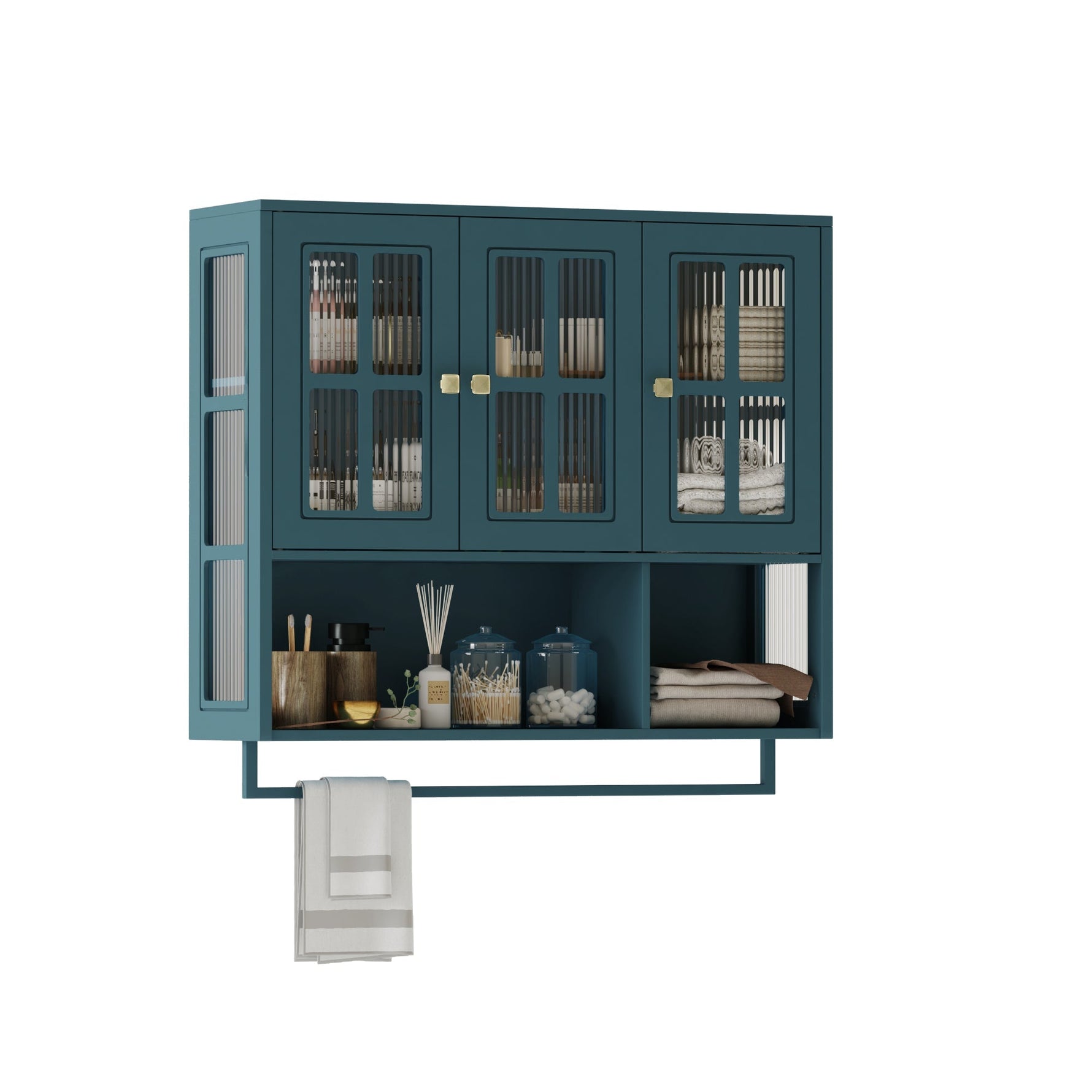 Bathroom Wall Cabinet 3-Door Wooden Glass Door Towel Bar - Dark Green