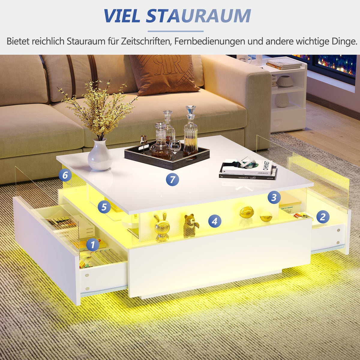 Coffee Table, Modern High-Gloss LED with 2 Drawers, Glass