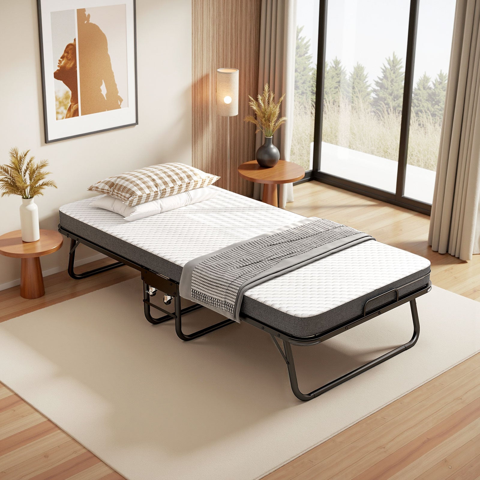 Folding Bed 90x190cm 10cm Memory Foam Mattress, Wheels, Black