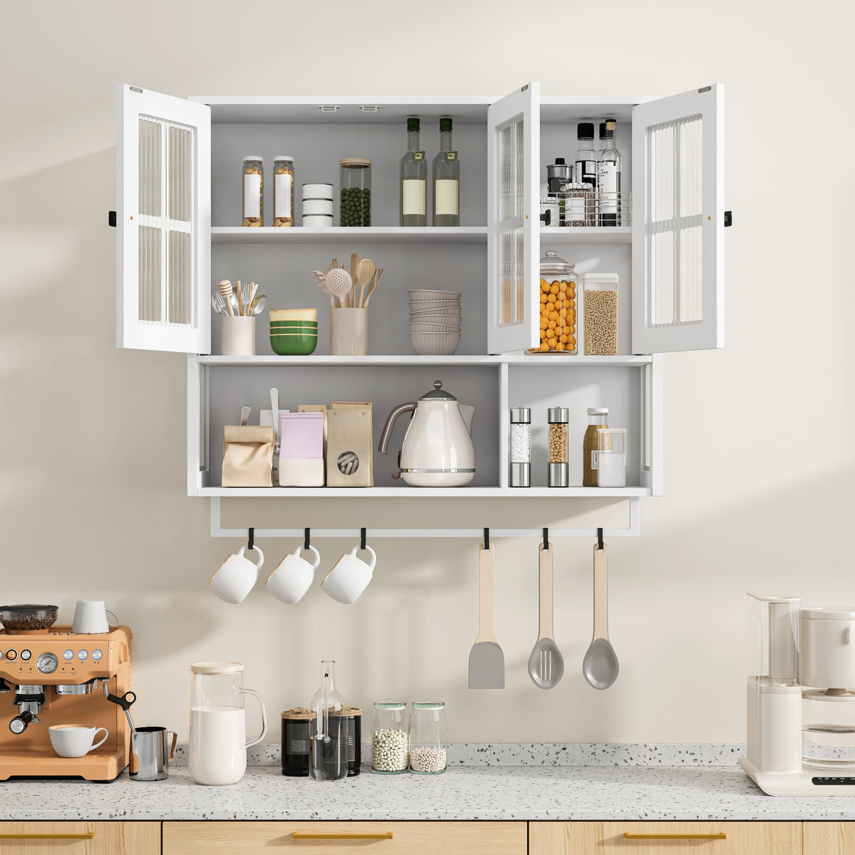 Bathroom Wall Cabinet, 3-Door Wooden with Open/Hidden Storage & Towel Bar, White