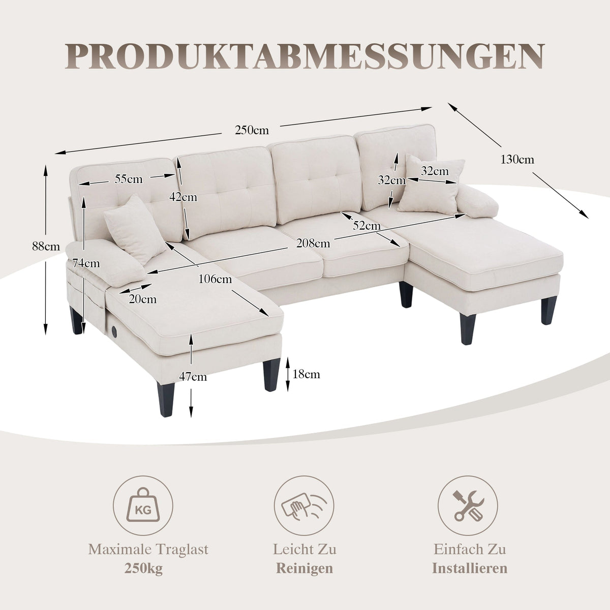 U-shaped Sofa Large 4-Seater Two Chaise Lounges Linen Fabric Beige