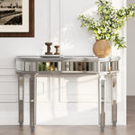 Half-Moon Mirrored Console Table with Fluted Glass and Crystal Knob Drawer, Grey and Silver