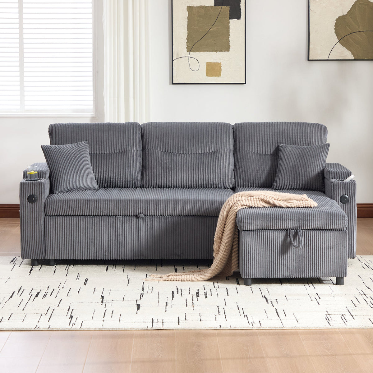 Modern 3-Seater Sofa with Storage, Cup Holders and USB-C Charging, Corduroy
