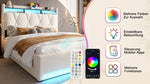 Upholstered Bed Frame, LED Lighting, USB-C Charging, Storage, Beige