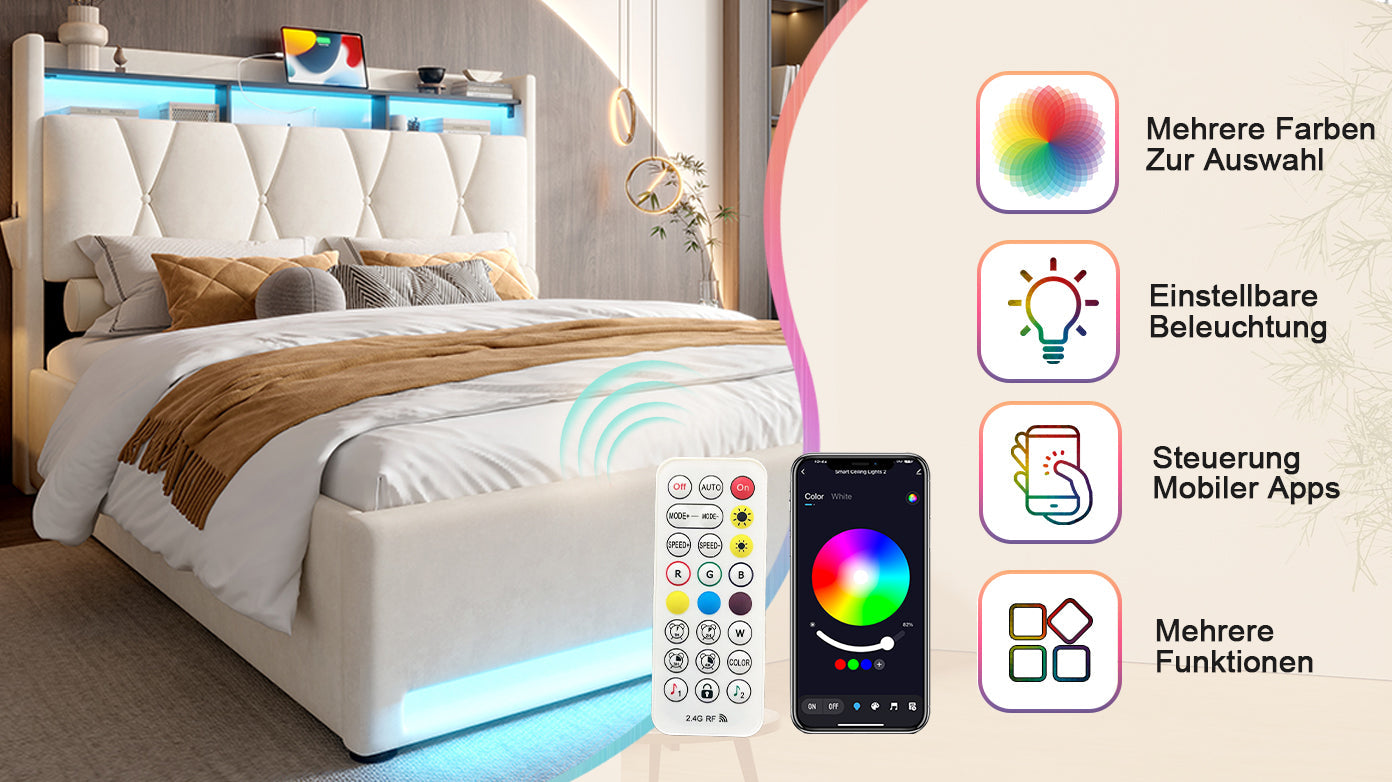 Upholstered Bed Frame, LED Lighting, USB-C Charging, Storage, Beige
