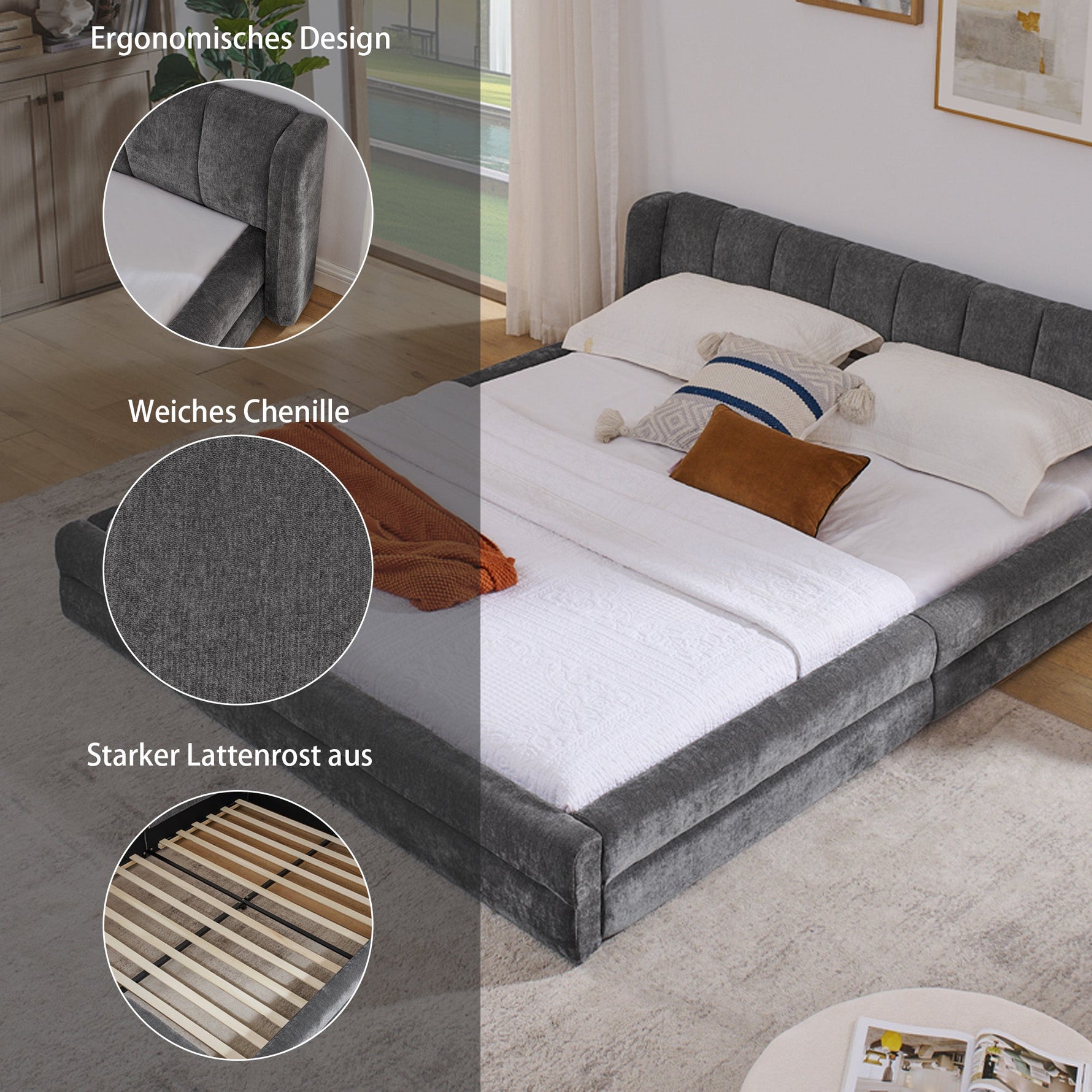 Double Bed 160x200cm Comfortable Backrest Sturdy Frame - Dark Grey Chenille