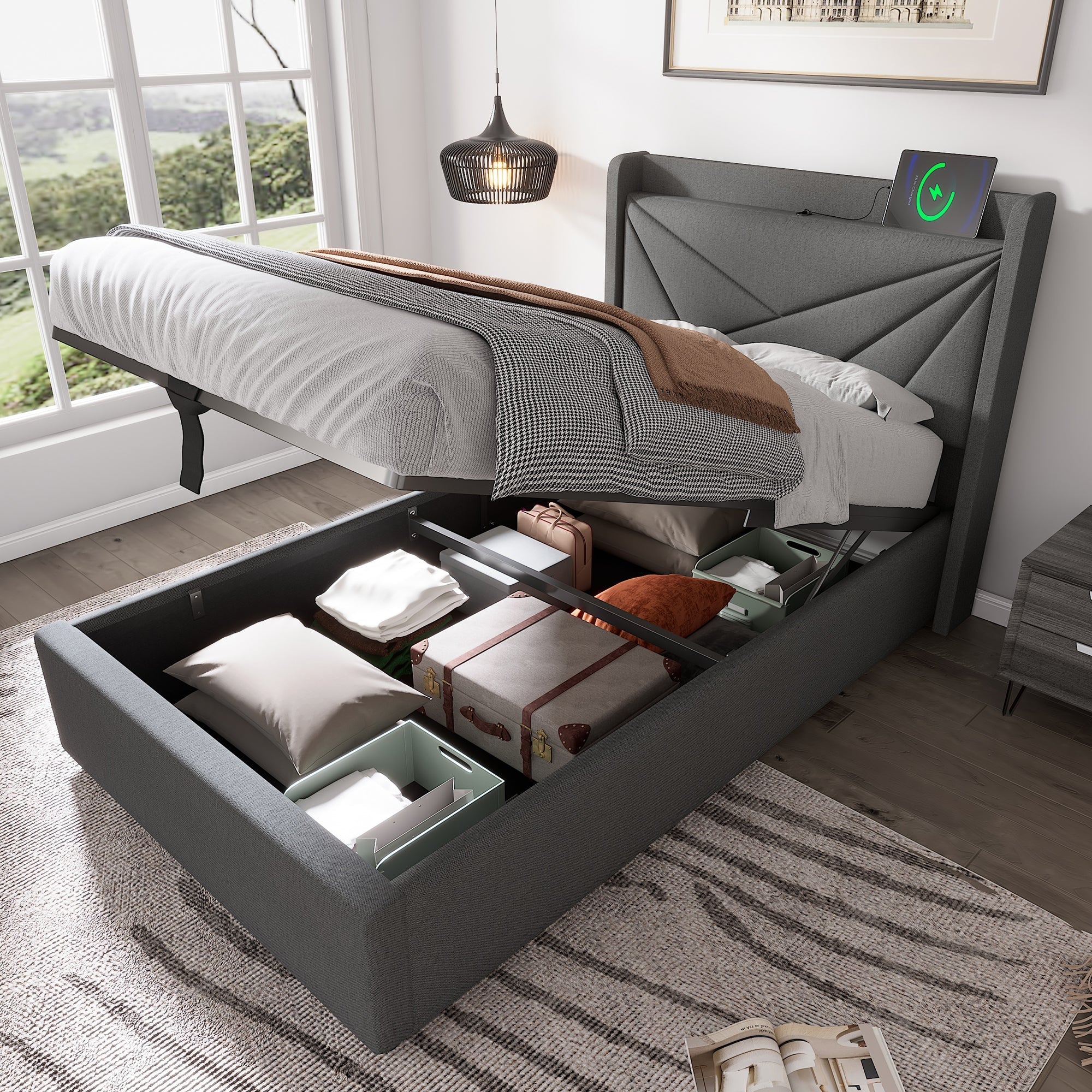 Upholstered Bed, Single Storage with USB Type C Headboard, Linen