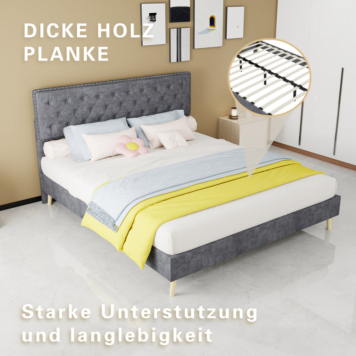 Modern Minimalist Soft Bed with 160x200cm Mattress, Gray