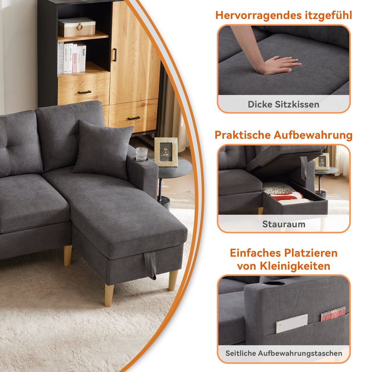 Sofa, L-Shaped Modern 3-Seater with Chaise, Storage, Cup Holder, Pillows