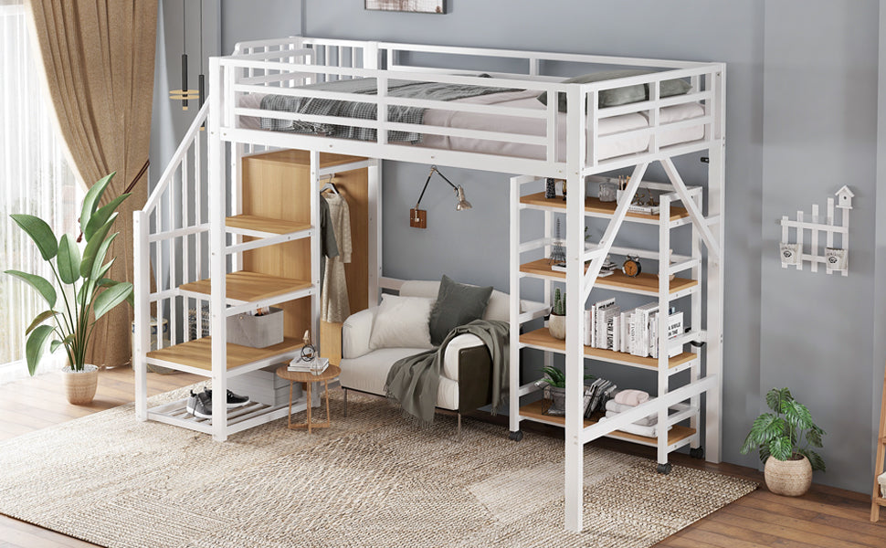 Loft Bed with Shelf, Wardrobe, Safety Railing, Iron + MDF, White/Natural 90x200cm