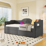 Upholstered Bed Daybed Sofa Bed with USB Type C & 2 Drawers, Grey Linen