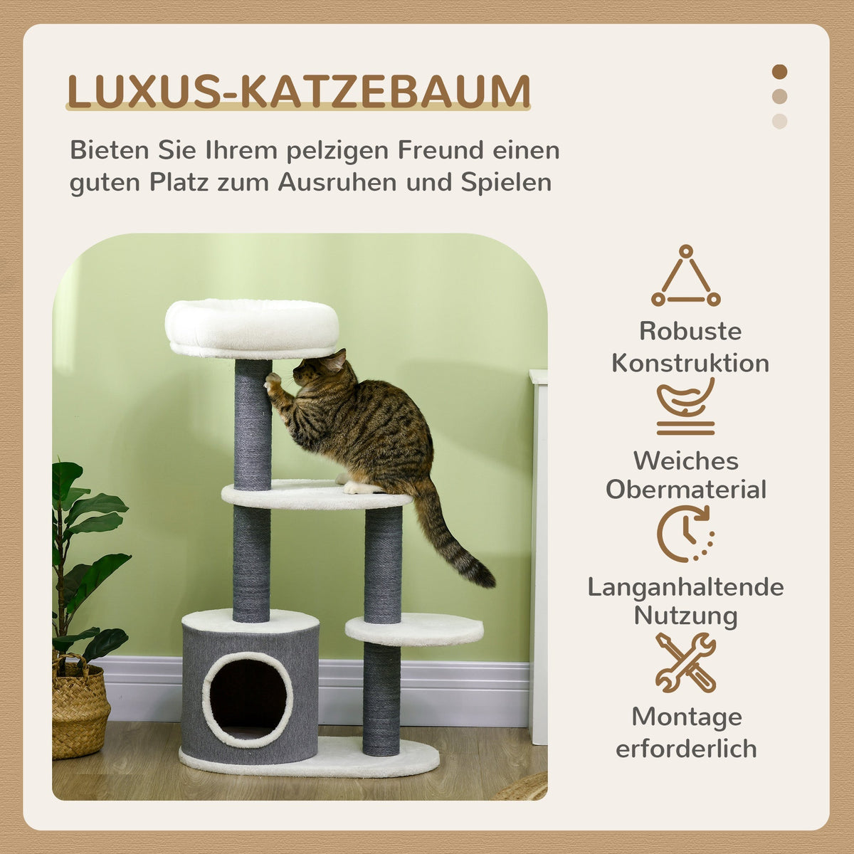 Cat Tree 98cm, Scratching Board, Cave, 3 Platforms, Grey and White