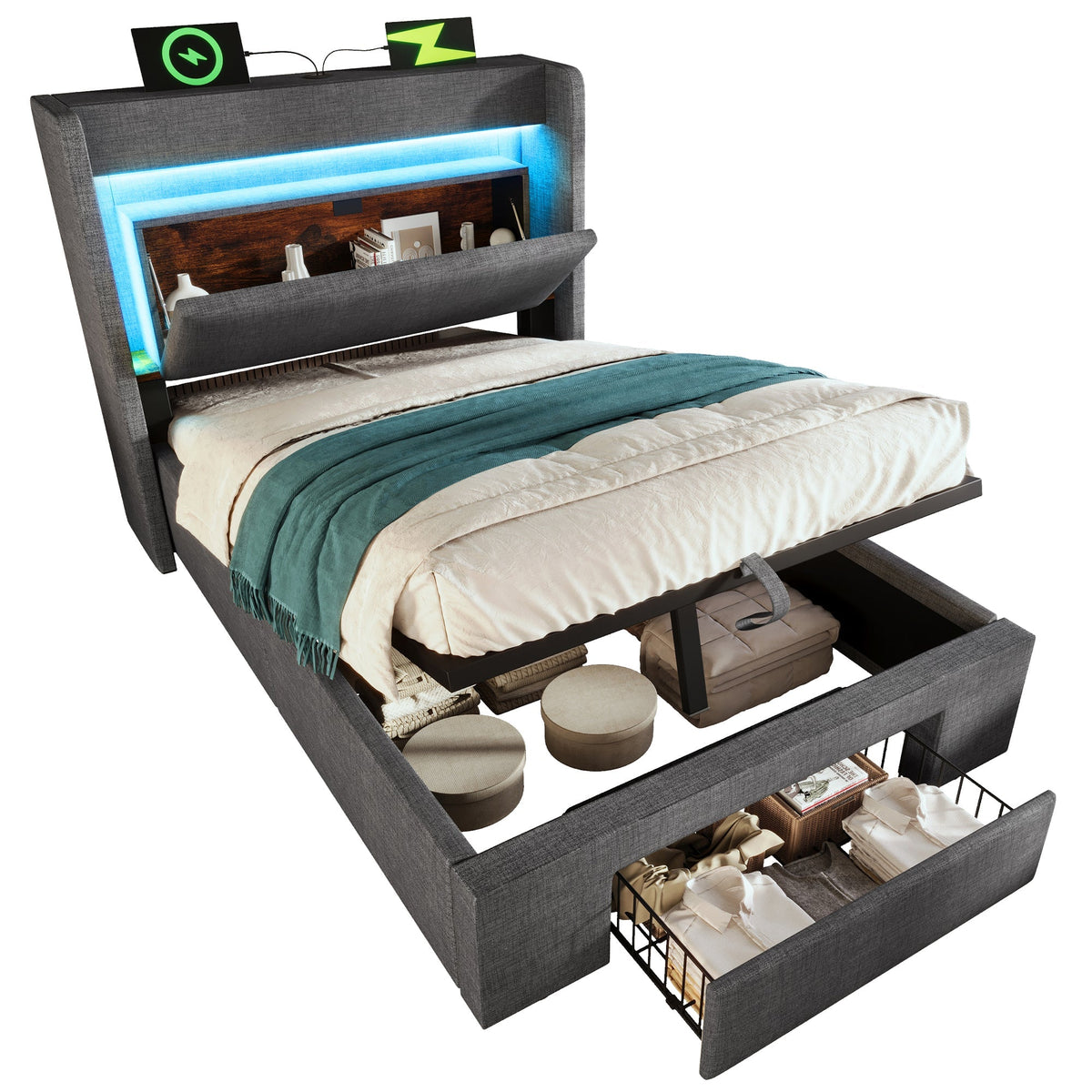 Upholstered Bed 90x200cm Hydraulic Storage Headboard with USB/Type-C & LED Grey Linen