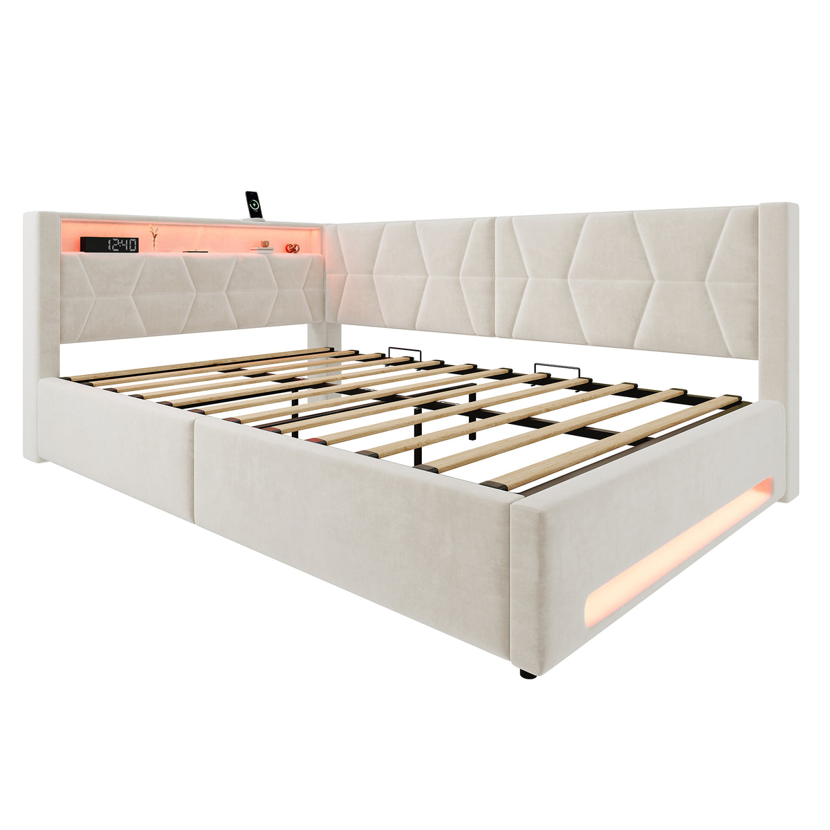 Upholstered Bed 140x200cm with Storage & LED Light in Beige Velvet
