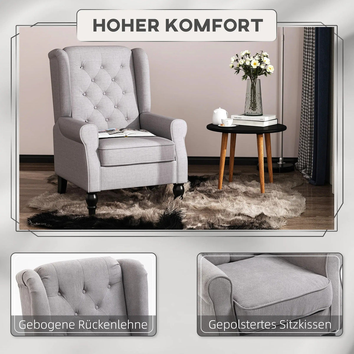 Single armchair, wing chair accent chair with tufting wooden feet, polyester grey
