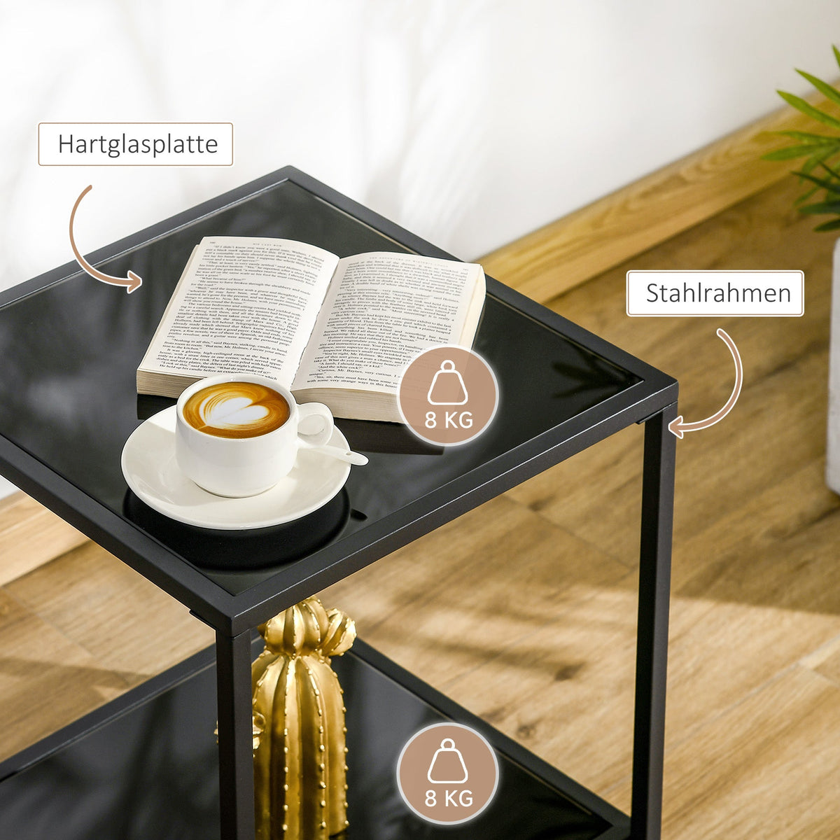 Side Table, 2-Tier Coffee Table, 40 x 40 x 50 cm, Tempered Glass Steel, Black