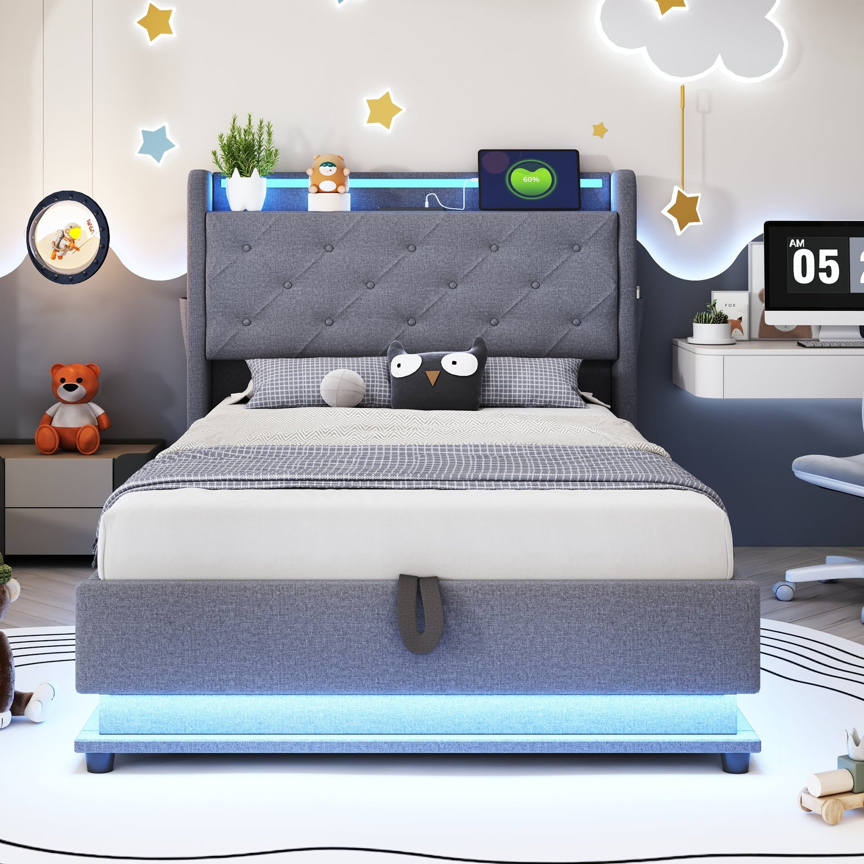 Children's Bed, Upholstered with Lights, USB, Storage, Gray Linen