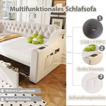 Upholstered Sofa Bed with USB Port, Storage Armrests and Drawer, Beige Velvet