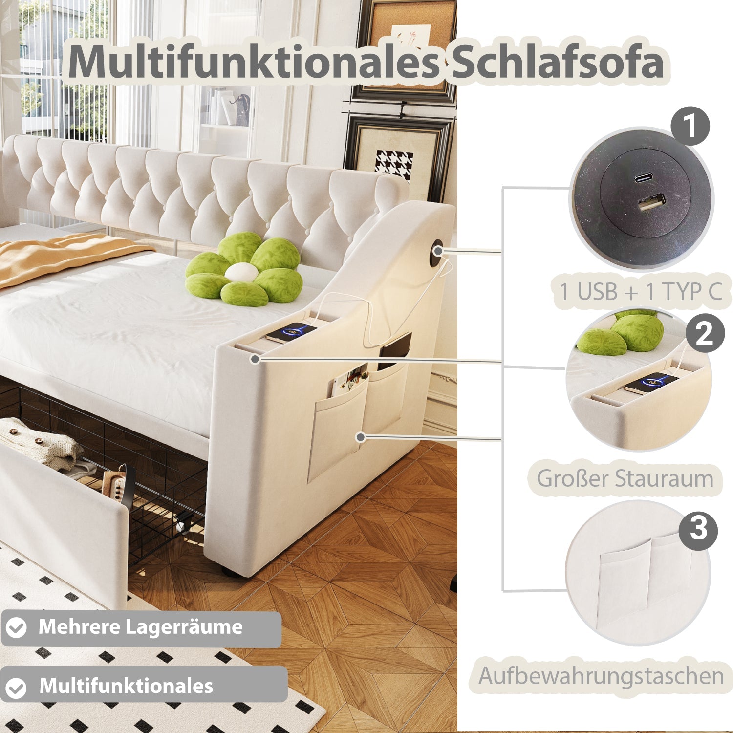 Upholstered Sofa Bed with USB Port, Storage Armrests and Drawer, Beige Velvet