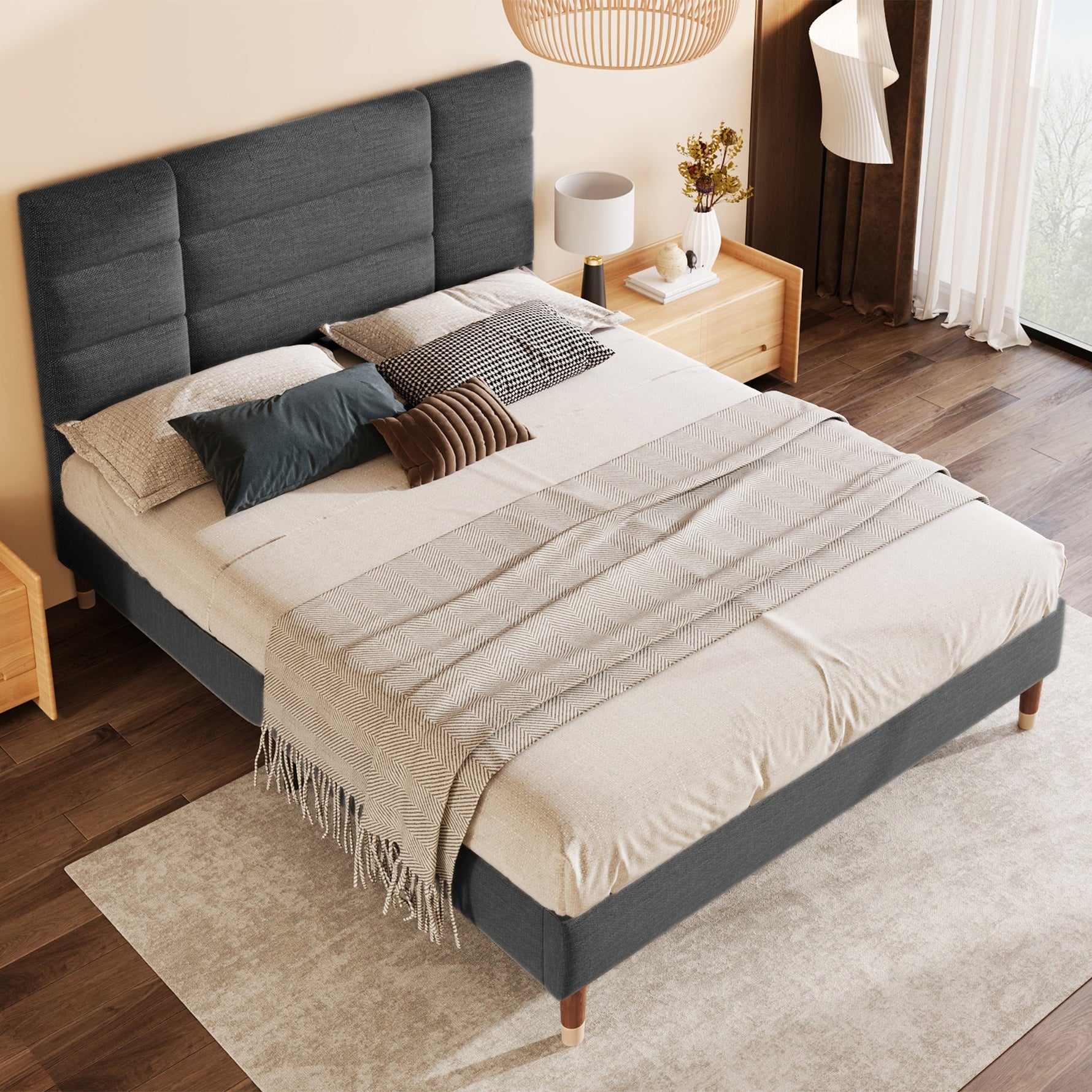 Upholstered bed, double bed with slatted frame 140x200cm, dark grey linen