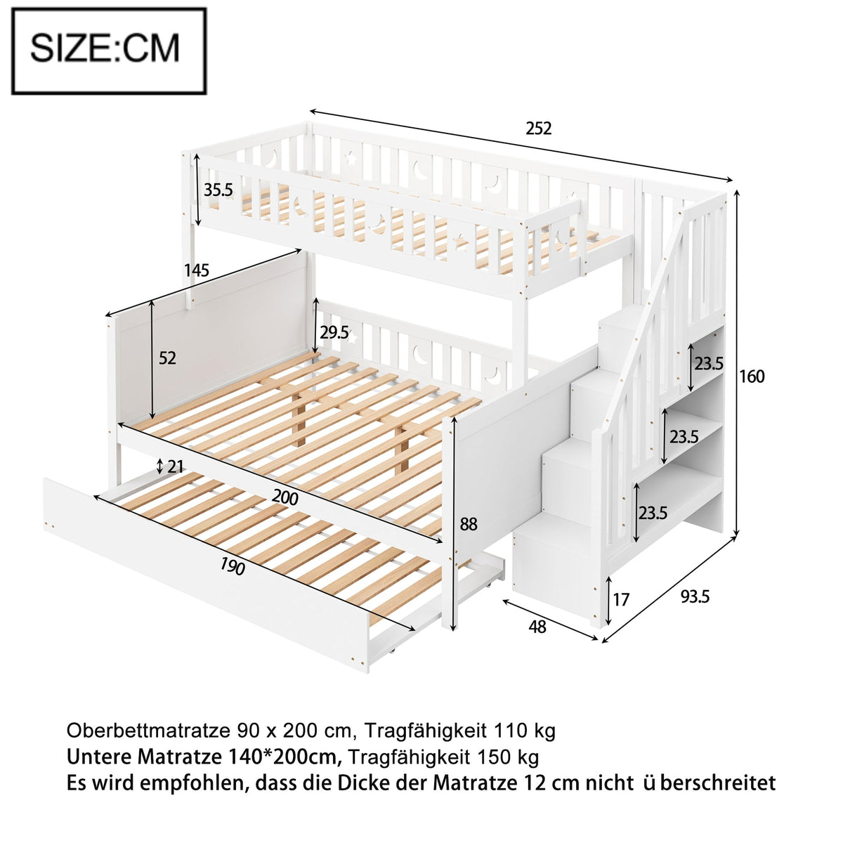 Children's Bunk Bed 90x200/140x200cm Safety Stairs Rollaway Bed Slatted Base, Solid Wood White