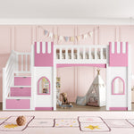 Loft Bed with Storage Stairs and Window, 90x200cm, White and Pink Pine Wood + MDF