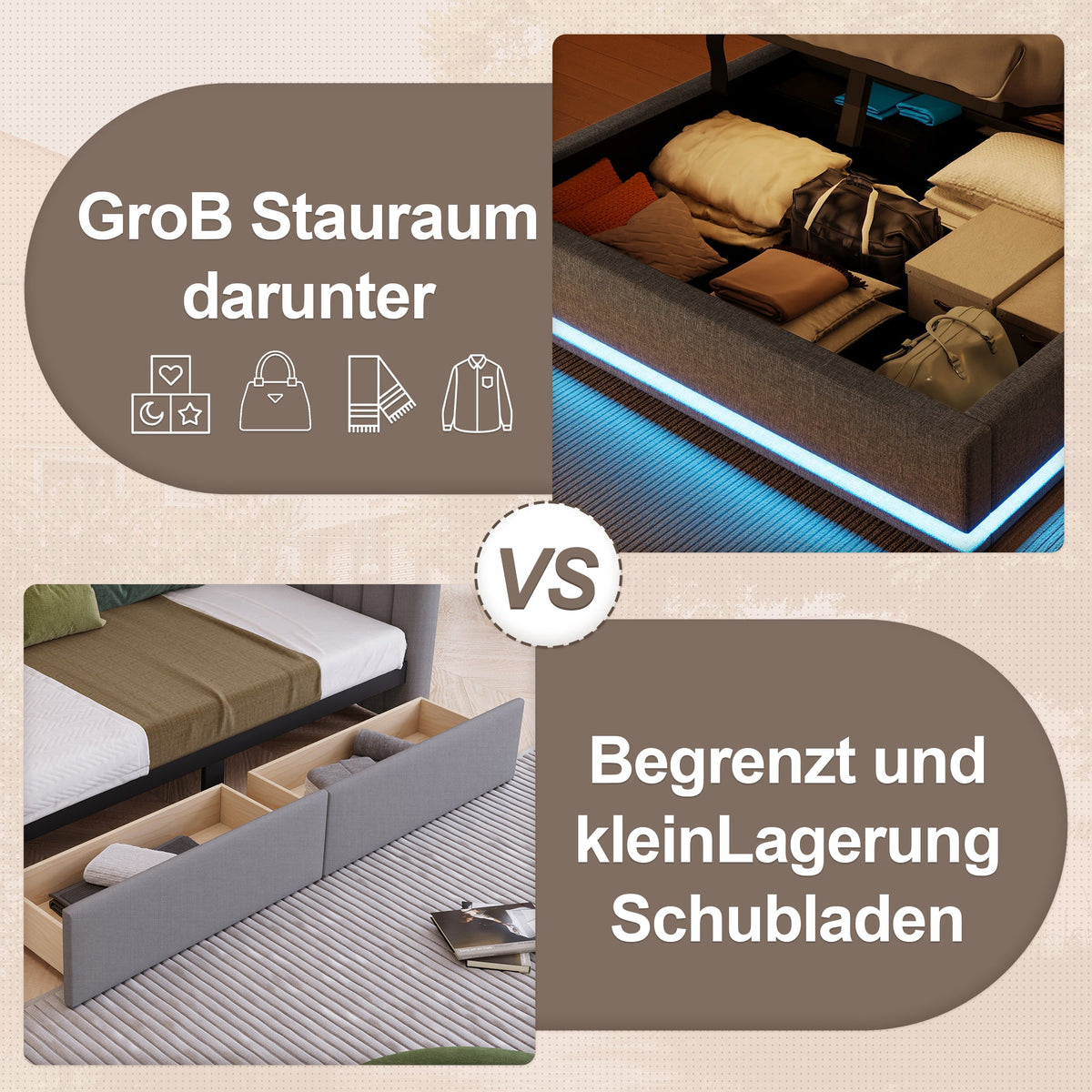 Upholstered Bed 140x200cm, LED Light Strip, Hydraulic Storage, USB + Type-C, Grey Linen