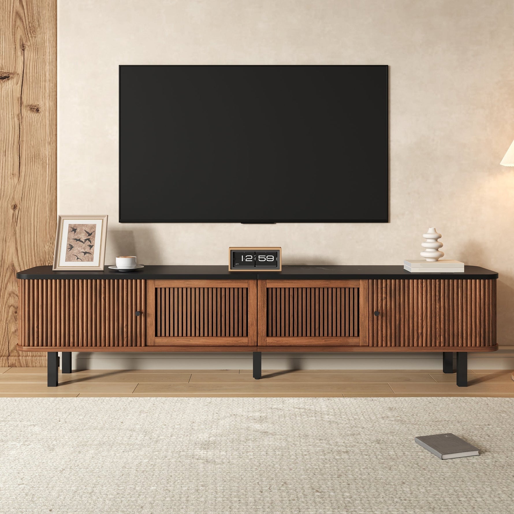 Modern Low TV Cabinet 190cm with Sliding & Mesh Doors