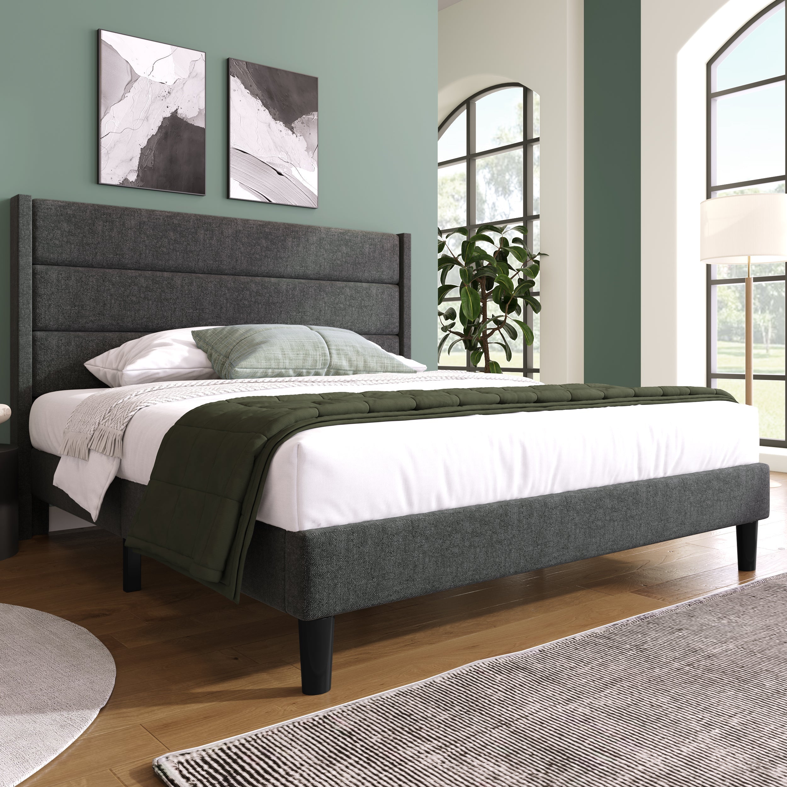 Upholstered Bed 140x200cm, with Slatted Frame & Headboard, Double Bed, Linen Dark Grey