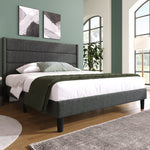 Upholstered Bed 140x200cm, with Slatted Frame & Headboard, Double Bed, Linen Dark Grey