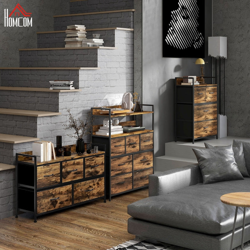 Chest of Drawers, 5-Drawer Fabric, Steel Frame, Rustic Brown