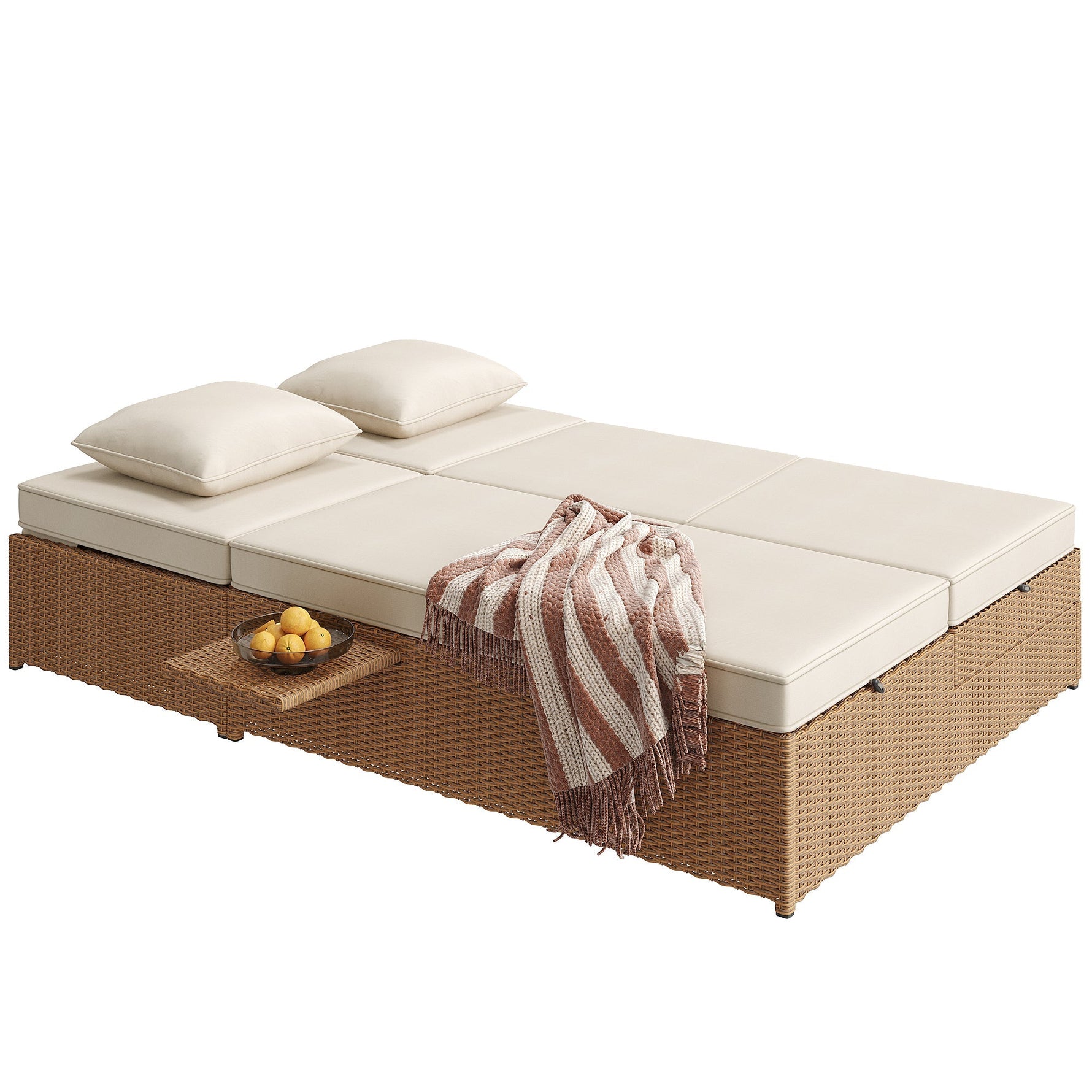 Outdoor Rattan Double Lounger - Foldable Weatherproof with Cushions - White