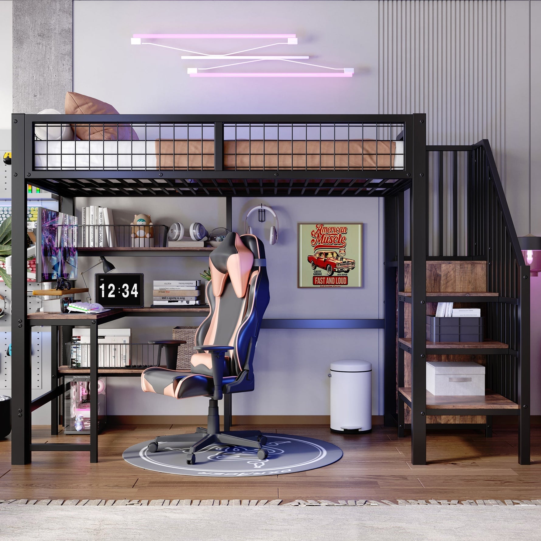 Loft Bed 90*200cm with Desk, Wardrobe and Storage Shelves, Black Iron and MDF