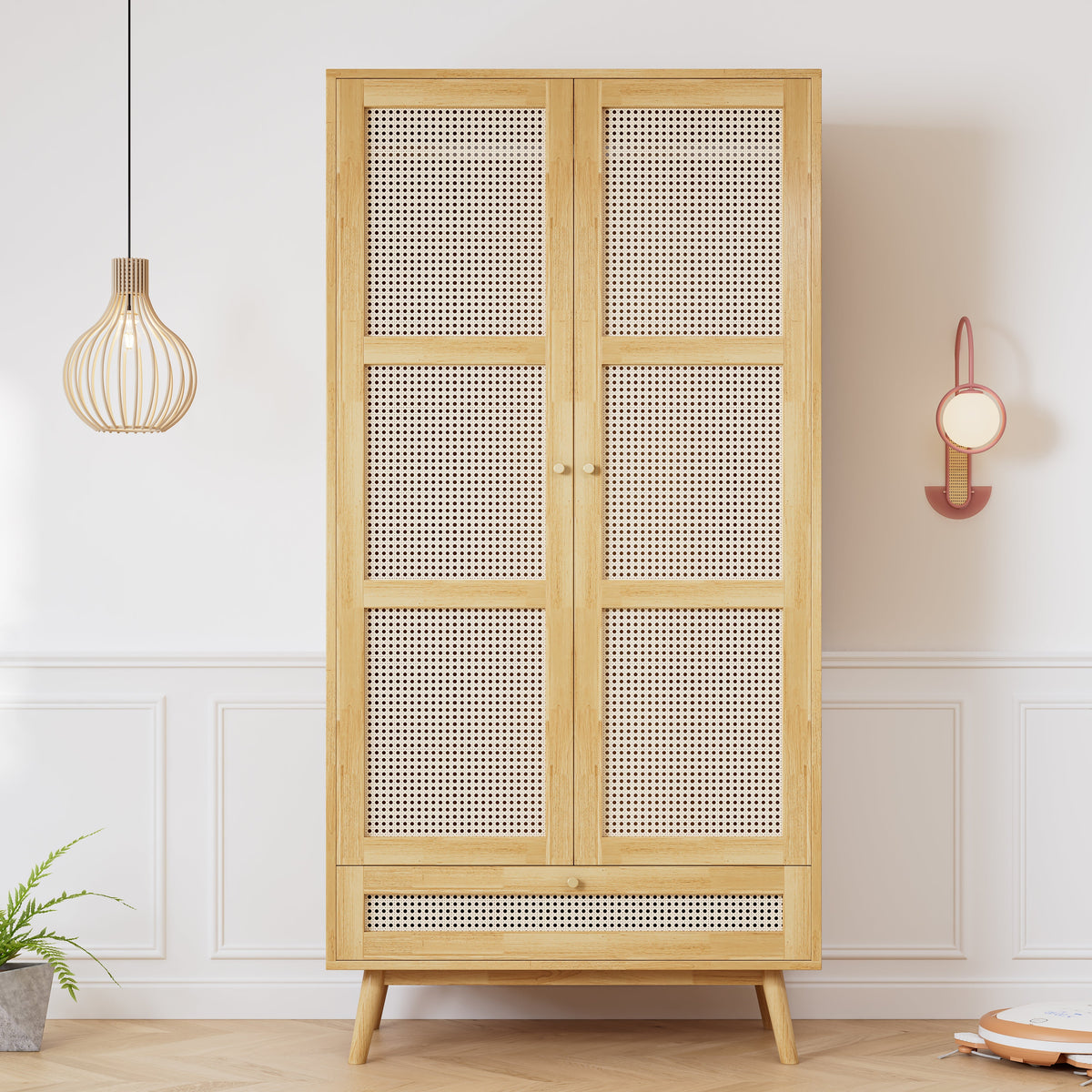 Wardrobe 2-Door Hanging Rail Rattan Net Flip-Top Lid, Natural Chipboard/PE Rattan
