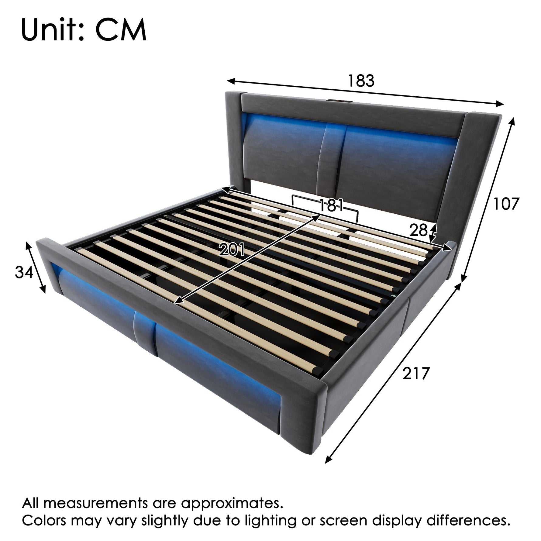 Double Bed with Hydraulic Storage, LED Lighting and USB Charging, Grey Velvet