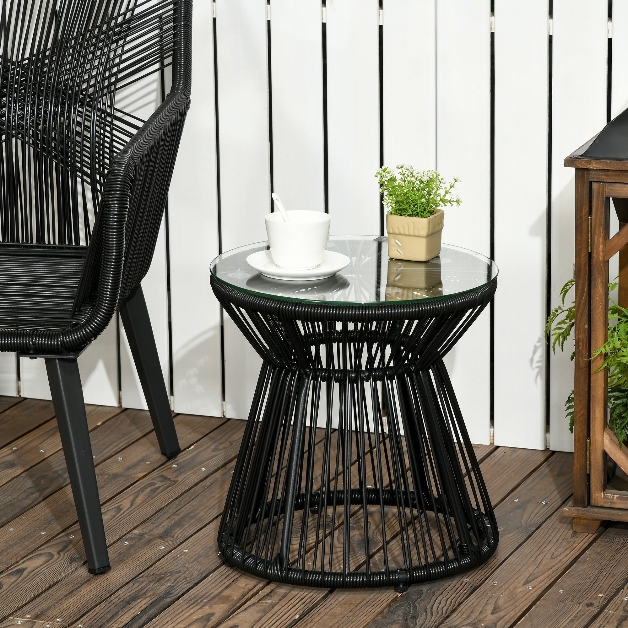 Round Garden Bistro Table, Hollow Drum Design Glass Top, Black