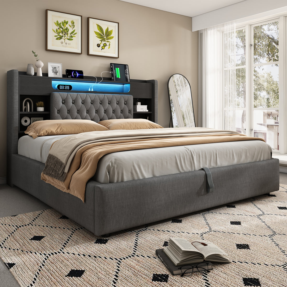 Upholstered Bed 180x200 with Hydraulic Storage & LED, Grey Linen