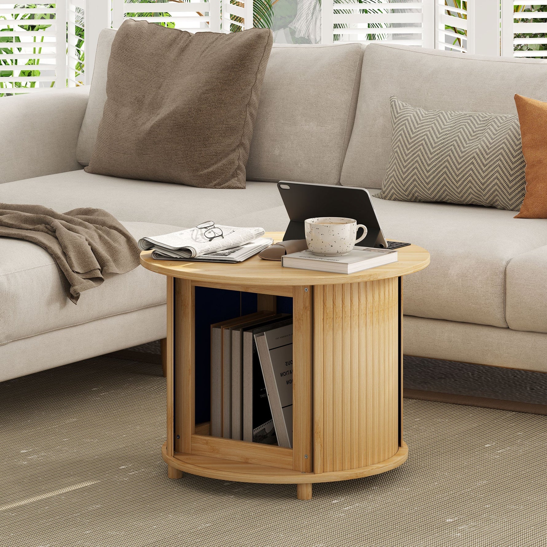 Bamboo Coffee Table, Hidden Storage Round Side Table, Natural