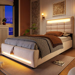 Upholstered Bed 90x200cm Hydraulic Storage LED USB App Control - Beige Linen