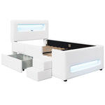 Upholstered Platform Bed 90x200cm Stairs Drawers LED USB Storage Pockets - White