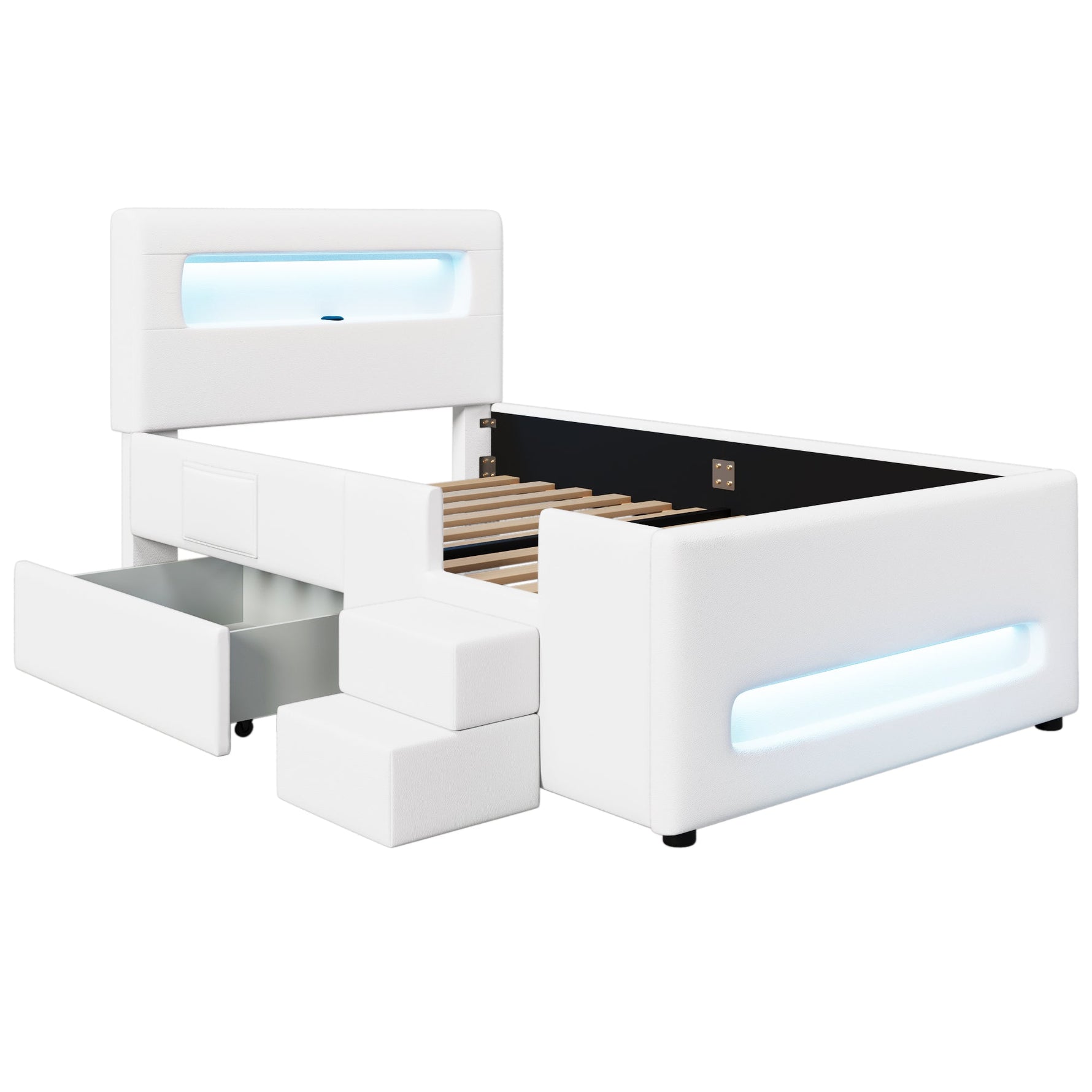 Upholstered Platform Bed 90x200cm Stairs Drawers LED USB Storage Pockets - White