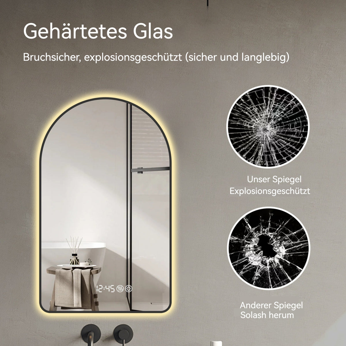 Arched LED Bathroom Mirror 60x120cm, Anti-Fog, Dimmable, Temp Display, Black Frame