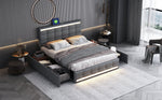 Upholstered Bed 140x200, LED, 4 Drawers, 2 USB Charging Stations, Linen Fabric Gray